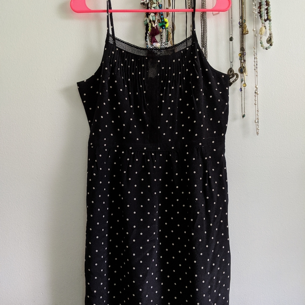 Black polka dot Madewell dress with lace detailing